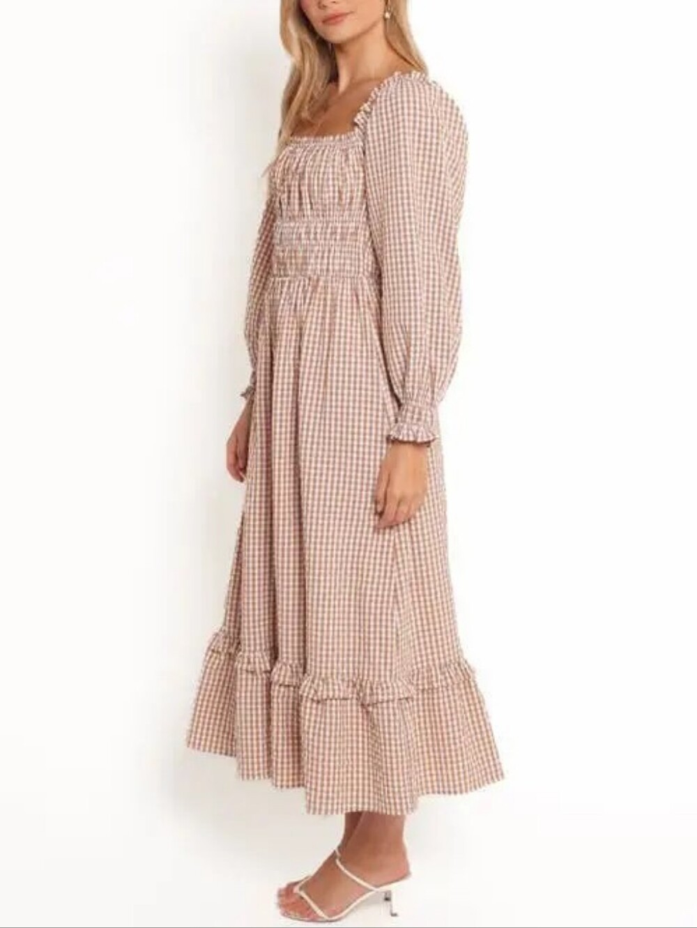 PETAL & PUP Puff Sleeve Shirred Tan Gingham Tiered Midi Dress
